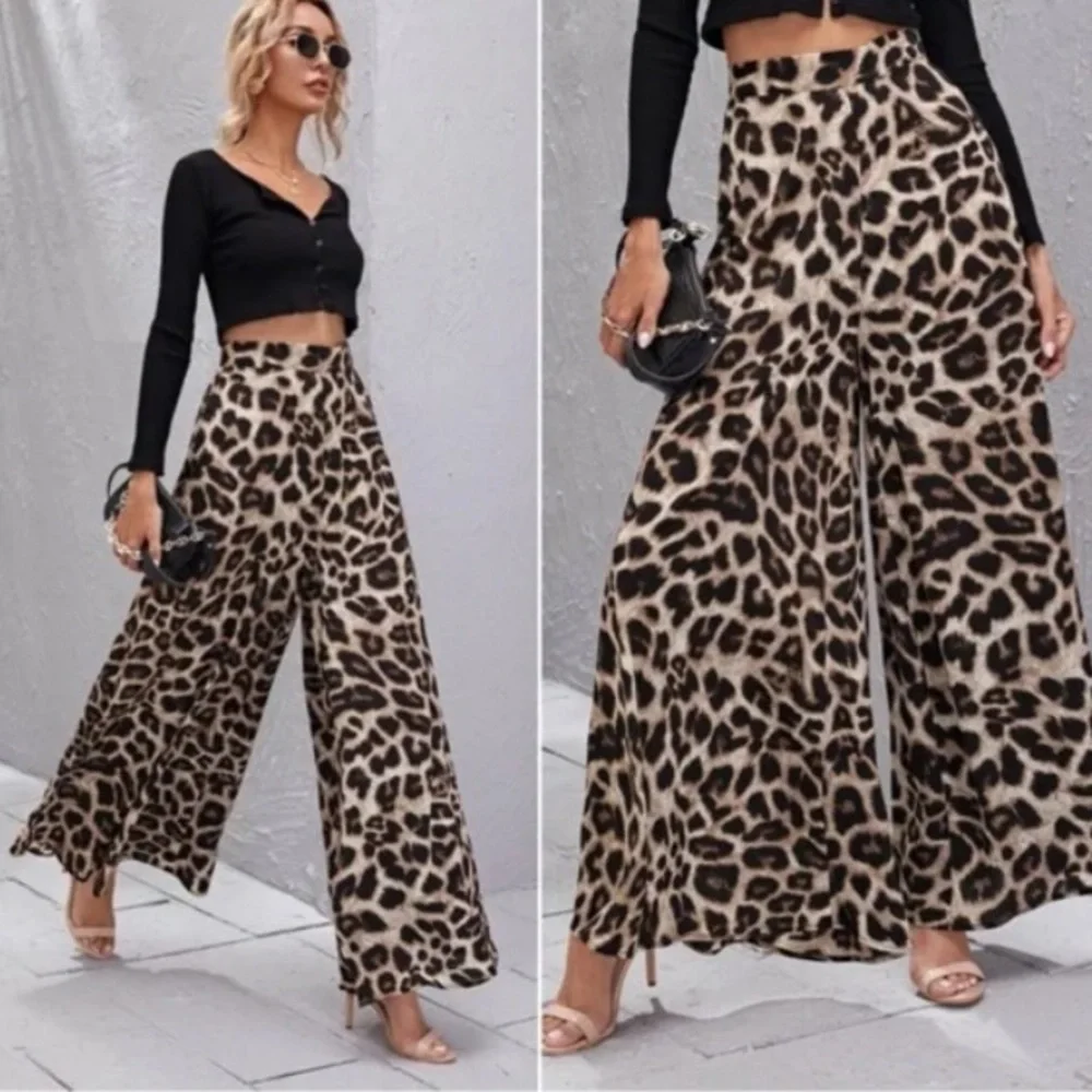 High waist leopard print palazzo wide leg pants